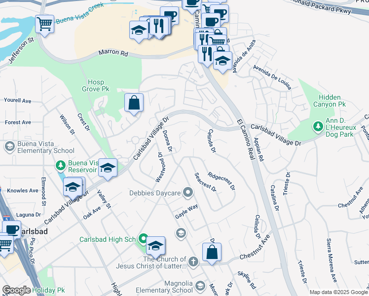map of restaurants, bars, coffee shops, grocery stores, and more near 3190 Falcon Drive in Carlsbad