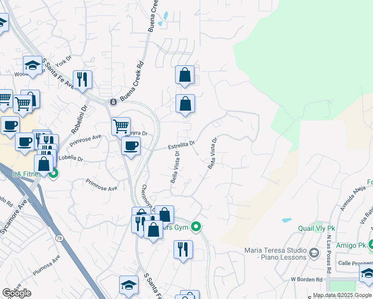 map of restaurants, bars, coffee shops, grocery stores, and more near 325 Estrelita Drive in Vista