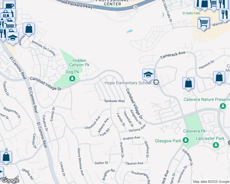 map of restaurants, bars, coffee shops, grocery stores, and more near 3461 Corvallis Street in Carlsbad