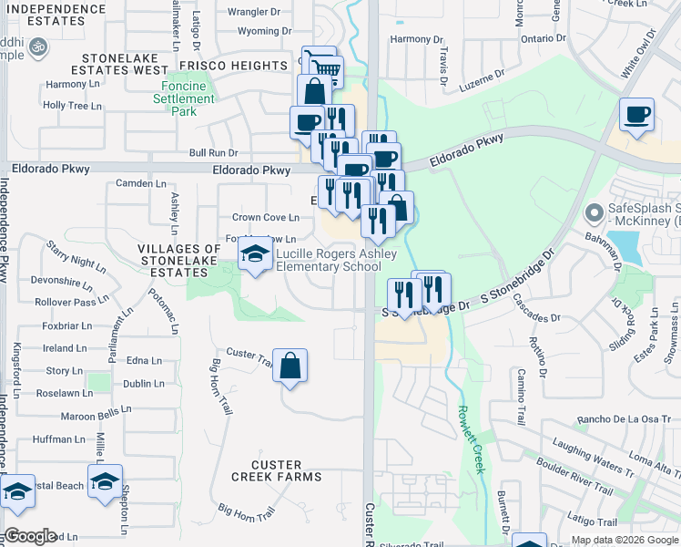 map of restaurants, bars, coffee shops, grocery stores, and more near 15887 Atkins Lane in Frisco