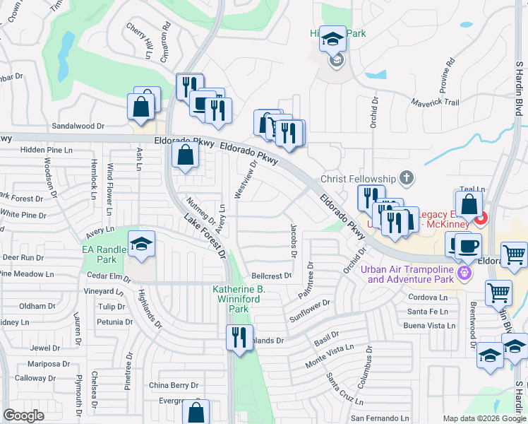 map of restaurants, bars, coffee shops, grocery stores, and more near 4512 Willow Way Drive in McKinney