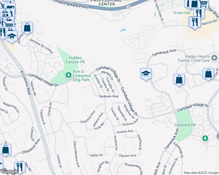 map of restaurants, bars, coffee shops, grocery stores, and more near 3461 Corvallis Street in Carlsbad