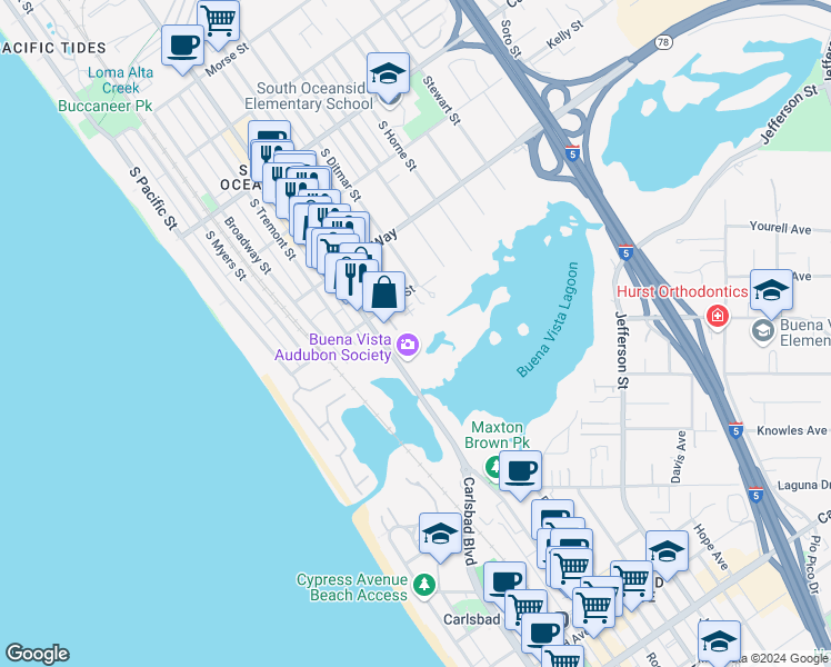 map of restaurants, bars, coffee shops, grocery stores, and more near 2168 South Coast Highway in Oceanside