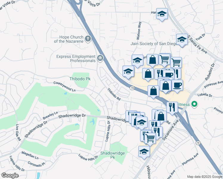 map of restaurants, bars, coffee shops, grocery stores, and more near 1850 Thibodo Road in Vista