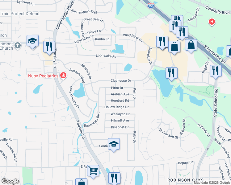 map of restaurants, bars, coffee shops, grocery stores, and more near 2701 Arabian Avenue in Denton