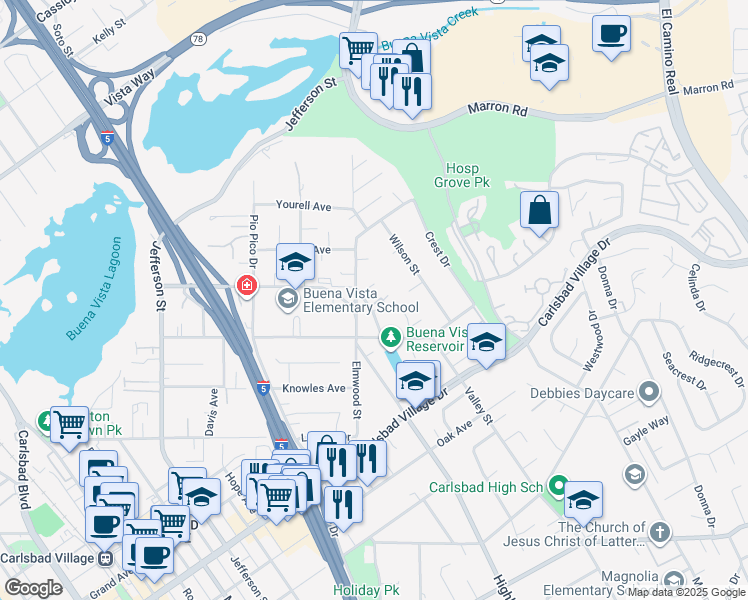 map of restaurants, bars, coffee shops, grocery stores, and more near 2778 Arland Road in Carlsbad