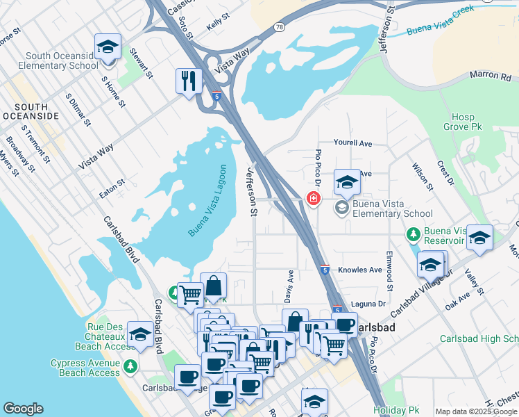 map of restaurants, bars, coffee shops, grocery stores, and more near 2464 Jefferson Street in Carlsbad