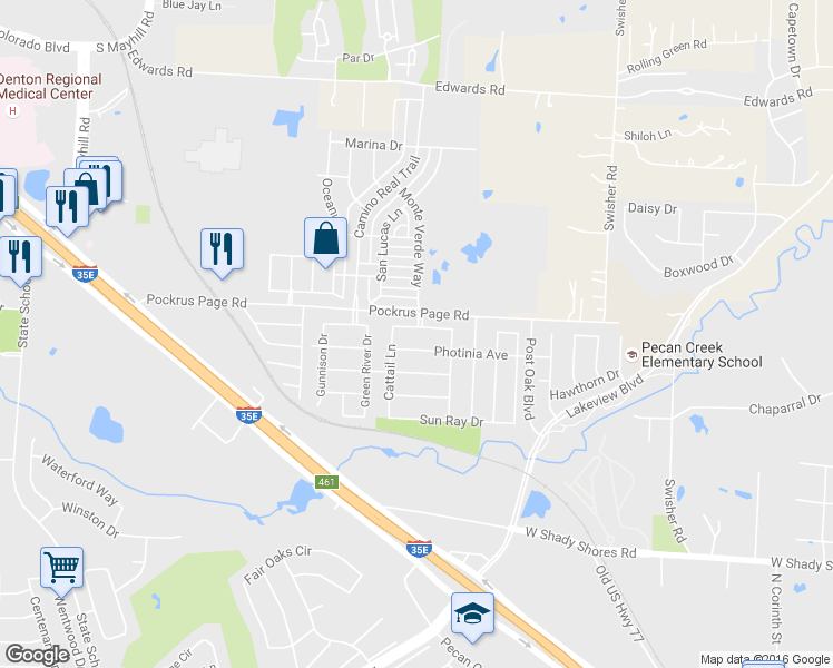map of restaurants, bars, coffee shops, grocery stores, and more near 6020 Photinia Avenue in Denton