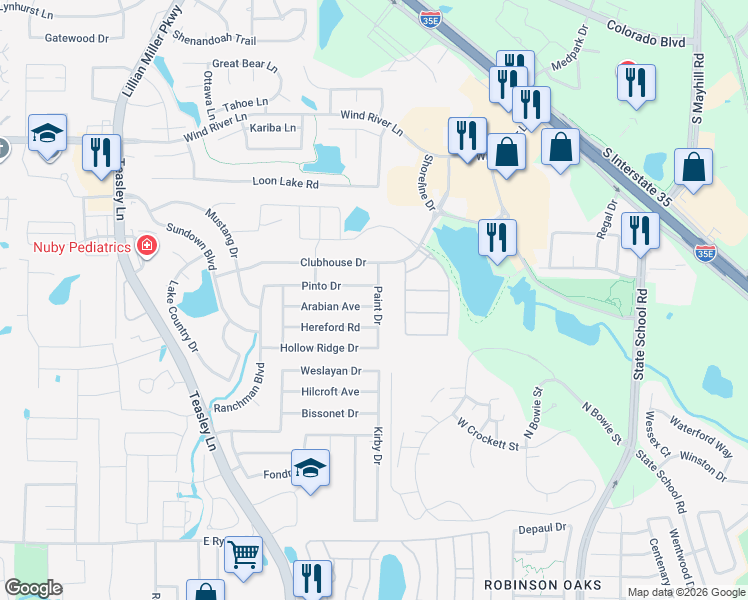 map of restaurants, bars, coffee shops, grocery stores, and more near 2813 Hereford Road in Denton