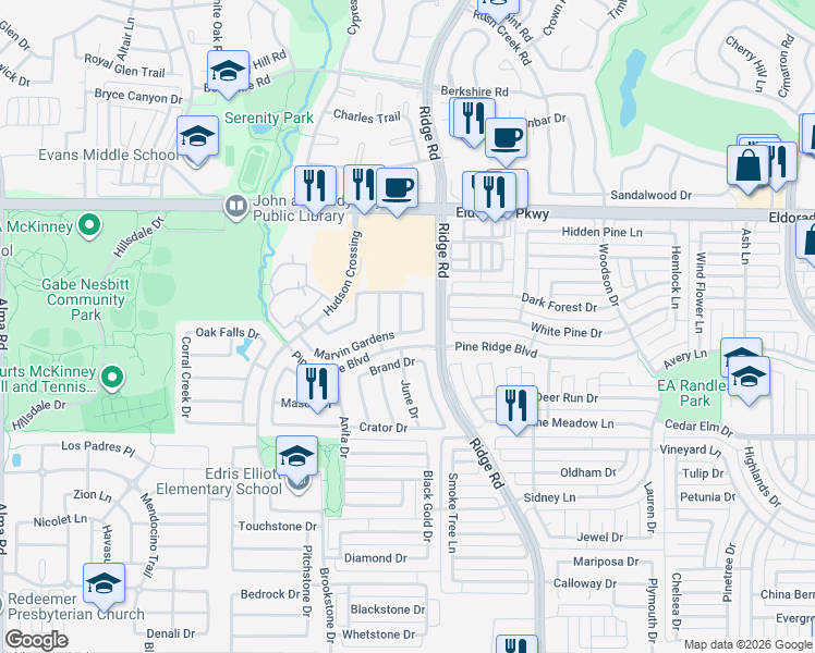 map of restaurants, bars, coffee shops, grocery stores, and more near 6204 Brand Drive in McKinney