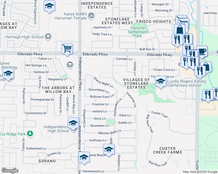 map of restaurants, bars, coffee shops, grocery stores, and more near 14996 Devonshire Lane in Frisco
