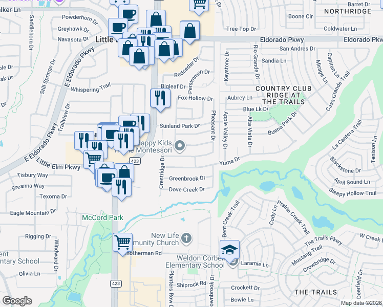 map of restaurants, bars, coffee shops, grocery stores, and more near 2433 Yuma Drive in Little Elm