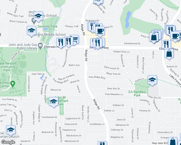 map of restaurants, bars, coffee shops, grocery stores, and more near 6249 White Pine Drive in McKinney
