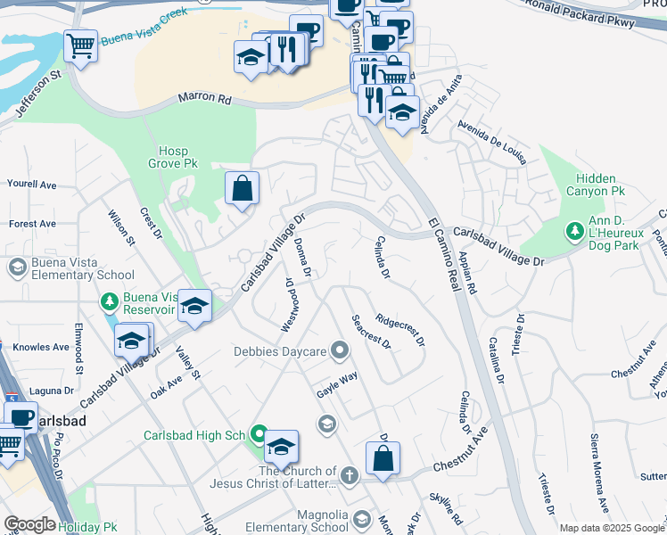 map of restaurants, bars, coffee shops, grocery stores, and more near 3190 Falcon Drive in Carlsbad
