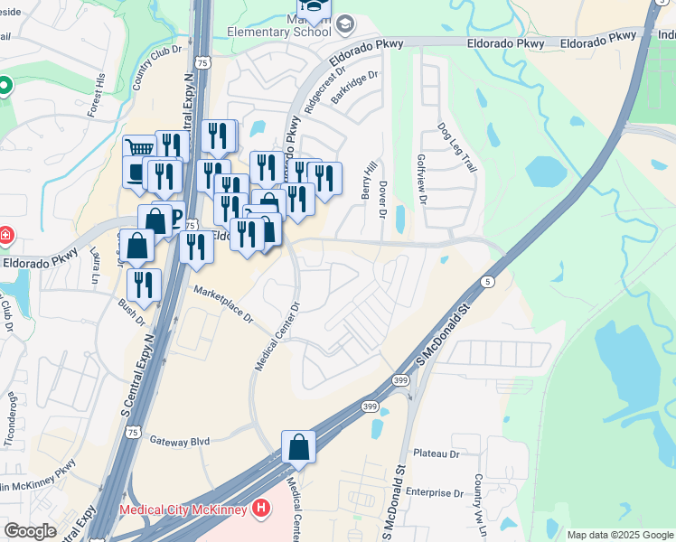 map of restaurants, bars, coffee shops, grocery stores, and more near 3311 Medical Center Drive in McKinney