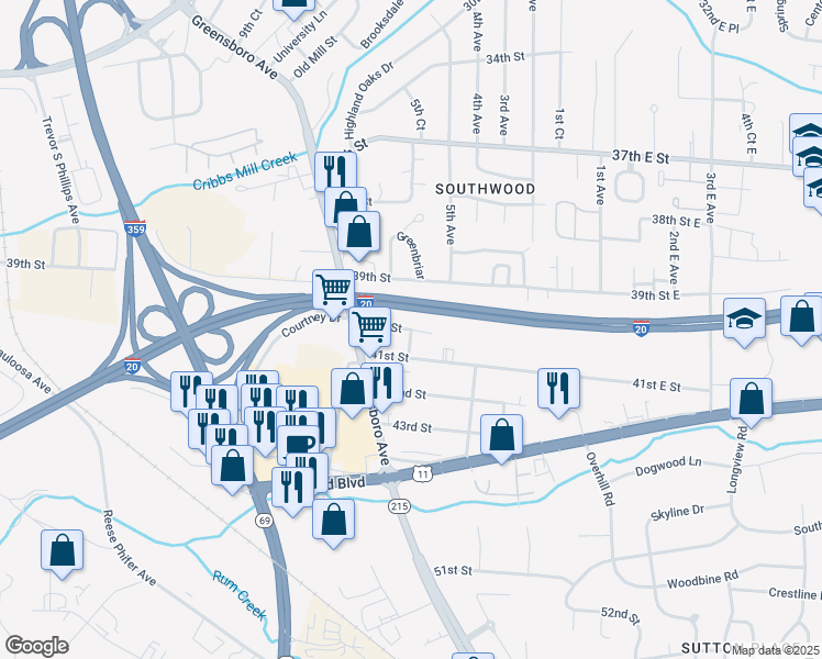 map of restaurants, bars, coffee shops, grocery stores, and more near 6th Avenue in Tuscaloosa