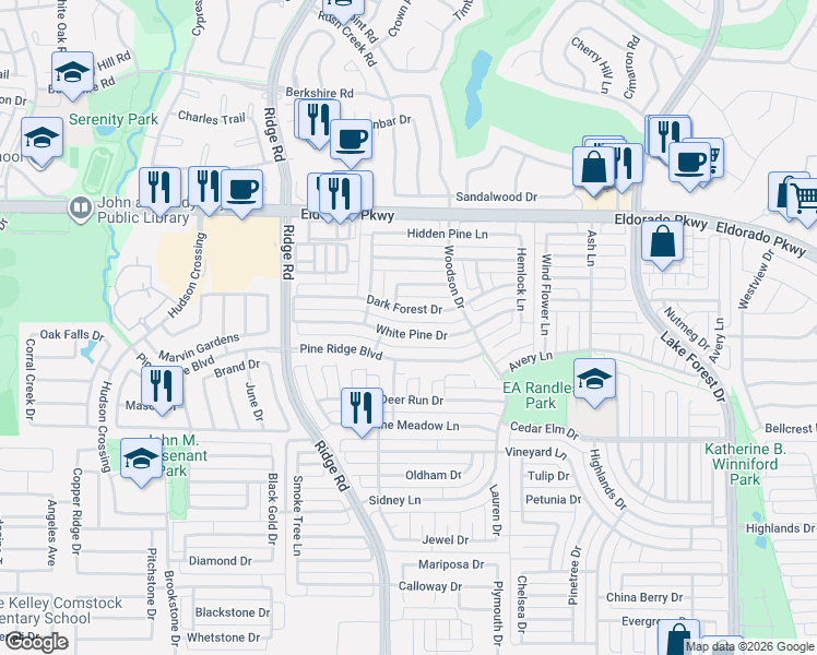 map of restaurants, bars, coffee shops, grocery stores, and more near 5912 Pine Ridge Boulevard in McKinney