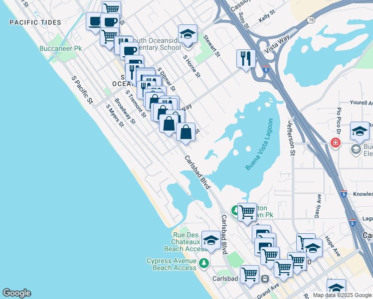 map of restaurants, bars, coffee shops, grocery stores, and more near 605 Eaton Street in Oceanside