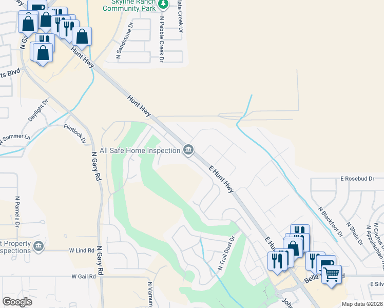 map of restaurants, bars, coffee shops, grocery stores, and more near 353 East Hunt Highway in Queen Creek