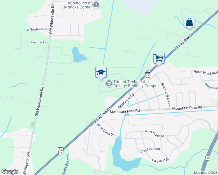 map of restaurants, bars, coffee shops, grocery stores, and more near 1001 South Live Oak Drive in Moncks Corner