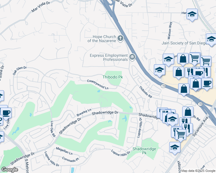 map of restaurants, bars, coffee shops, grocery stores, and more near 1136 Countrywood Lane in Vista