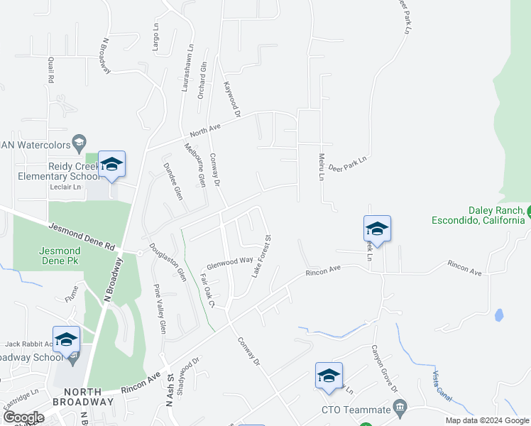 map of restaurants, bars, coffee shops, grocery stores, and more near 2432 Lake Forest Street in Escondido