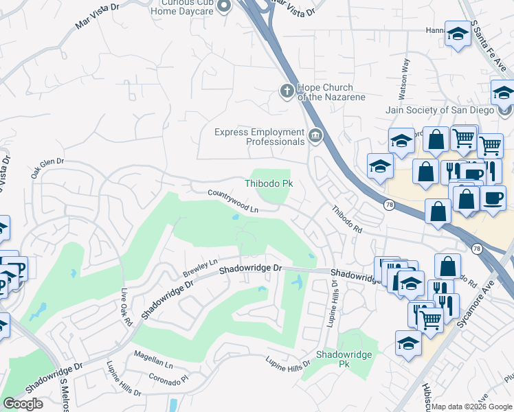 map of restaurants, bars, coffee shops, grocery stores, and more near 1866 Falconer Court in Vista