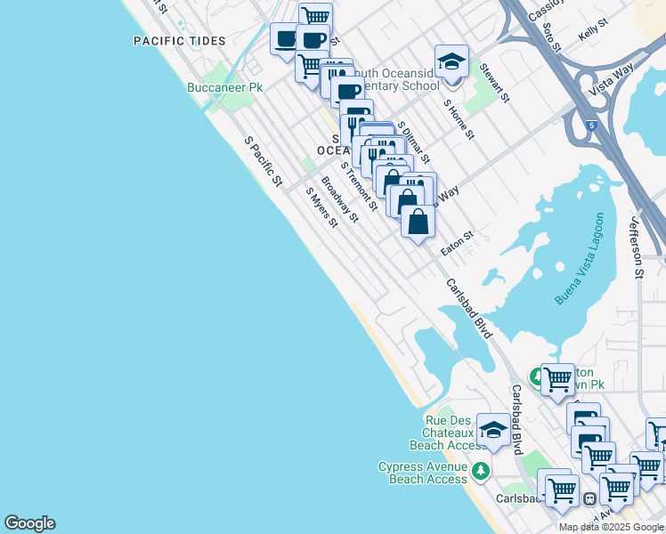 map of restaurants, bars, coffee shops, grocery stores, and more near 1926 South Pacific Street in Oceanside