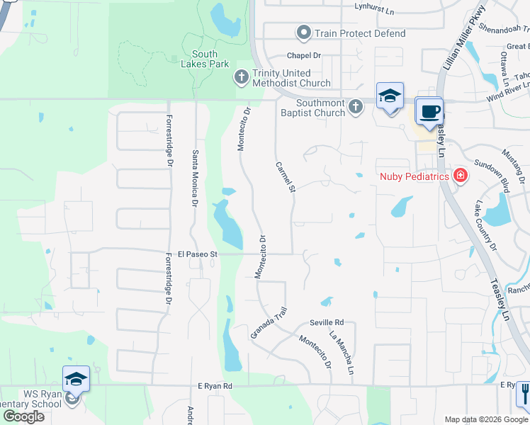 map of restaurants, bars, coffee shops, grocery stores, and more near 3201 Montecito Drive in Denton