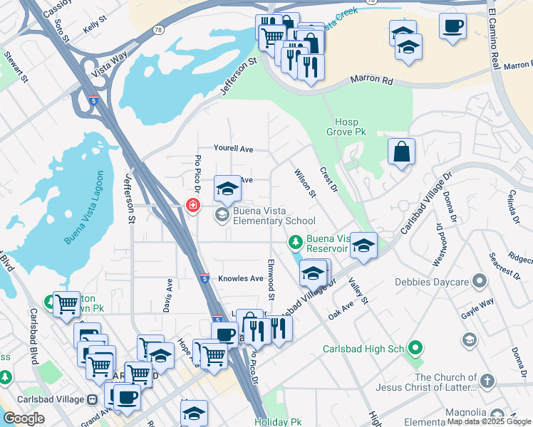 map of restaurants, bars, coffee shops, grocery stores, and more near 2705 Highland Drive in Carlsbad
