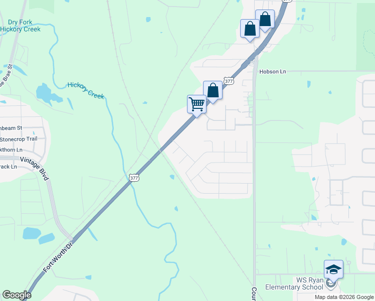 map of restaurants, bars, coffee shops, grocery stores, and more near 1420 Mosscreek Drive in Denton