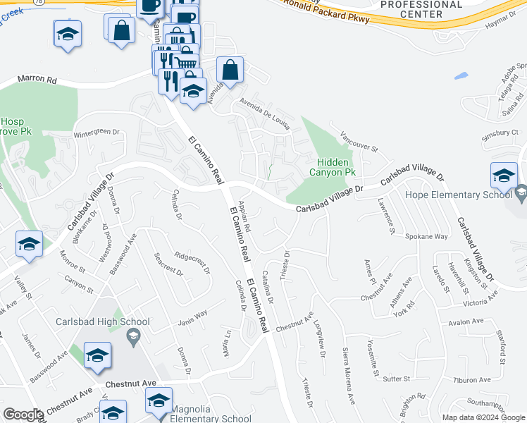 map of restaurants, bars, coffee shops, grocery stores, and more near 2389 Outlook Court in Carlsbad