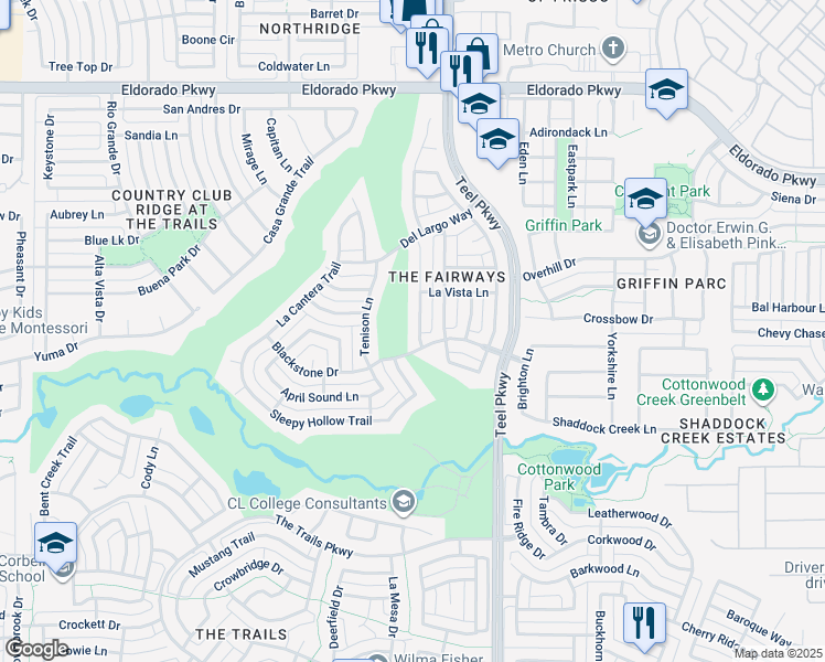 map of restaurants, bars, coffee shops, grocery stores, and more near 11290 Balcones Drive in Frisco