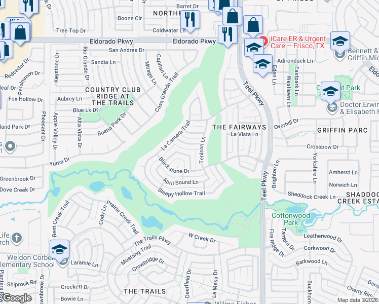 map of restaurants, bars, coffee shops, grocery stores, and more near 2374 Aspermount Drive in Frisco