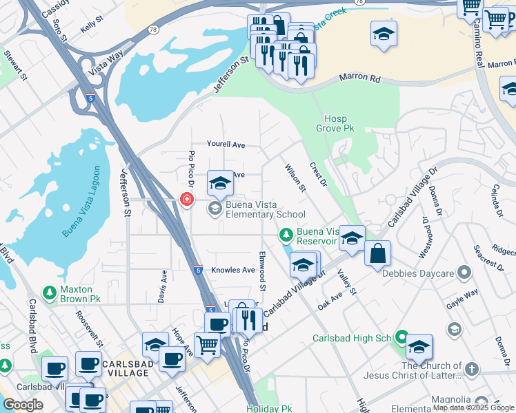 map of restaurants, bars, coffee shops, grocery stores, and more near 2705 Highland Drive in Carlsbad