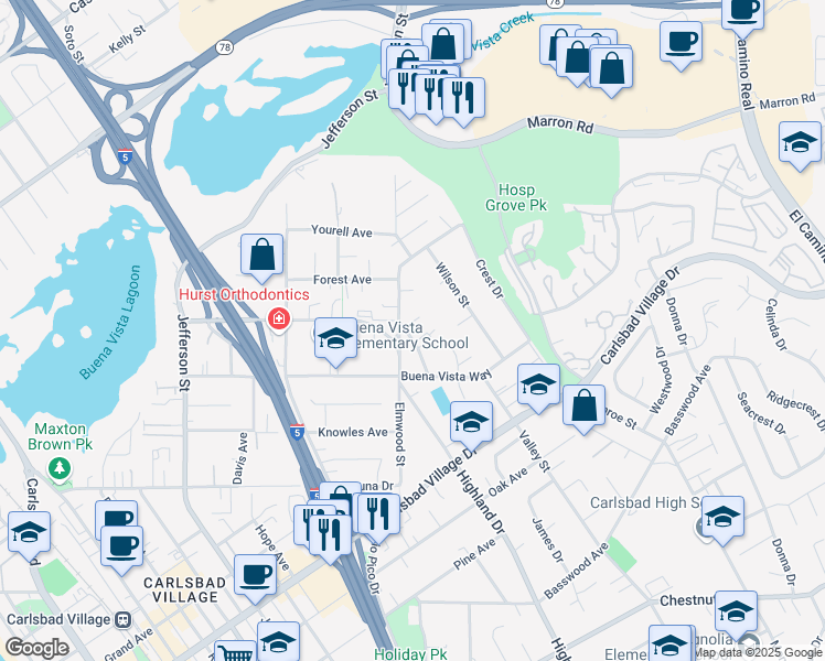 map of restaurants, bars, coffee shops, grocery stores, and more near 2724 Arland Road in Carlsbad