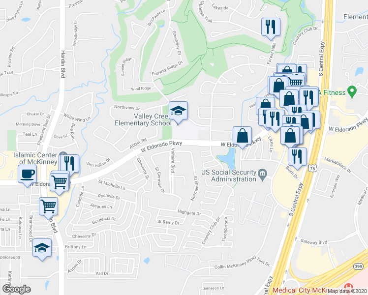map of restaurants, bars, coffee shops, grocery stores, and more near 2404 Cayenne Drive in McKinney