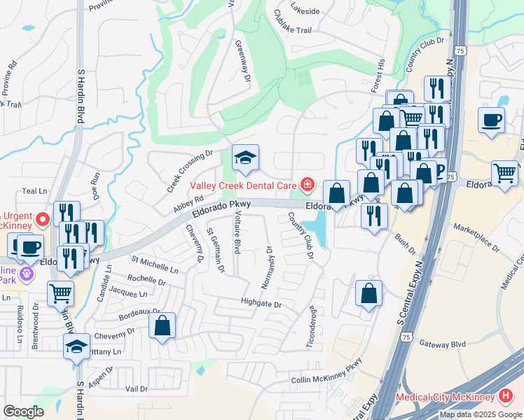 map of restaurants, bars, coffee shops, grocery stores, and more near 2404 Cayenne Drive in McKinney