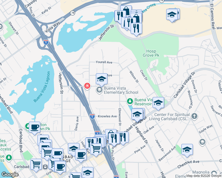 map of restaurants, bars, coffee shops, grocery stores, and more near 1390 Las Flores Drive in Carlsbad