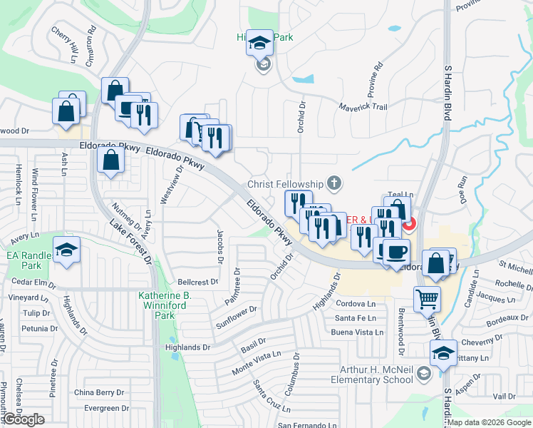 map of restaurants, bars, coffee shops, grocery stores, and more near 4476 Eldarado Parkway in McKinney