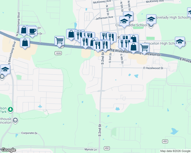 map of restaurants, bars, coffee shops, grocery stores, and more near 230 South 2nd Street in Princeton