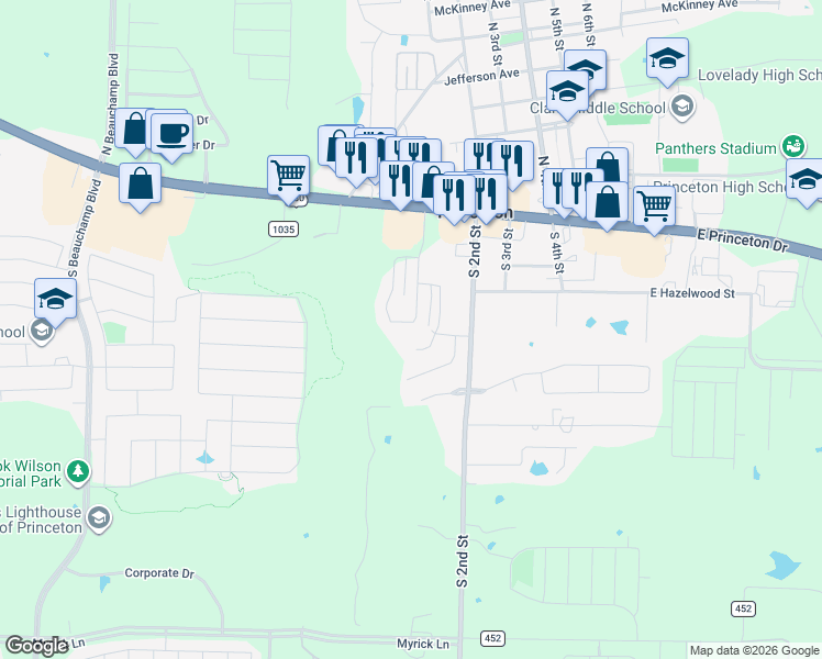 map of restaurants, bars, coffee shops, grocery stores, and more near 323 Rock Ct in Princeton