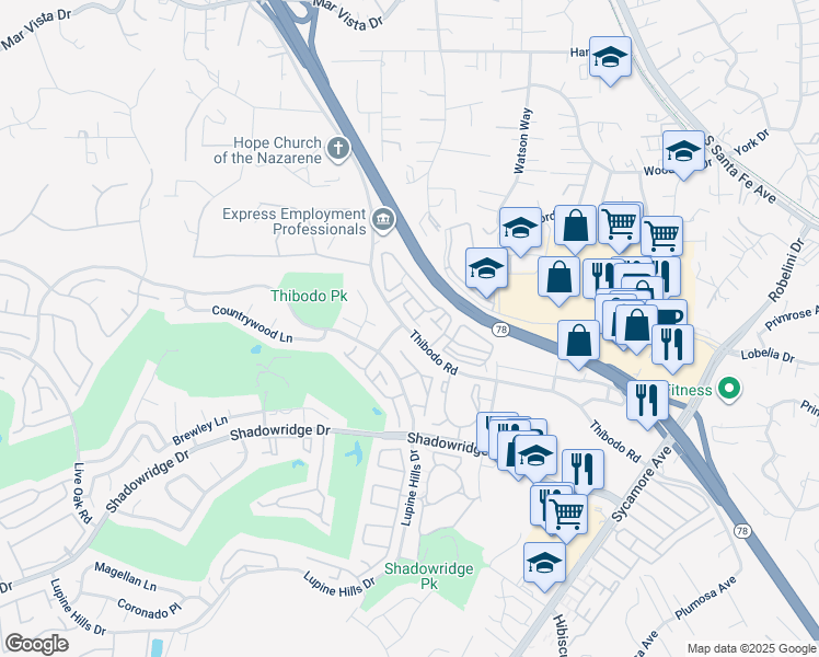 map of restaurants, bars, coffee shops, grocery stores, and more near 1834 Thibodo Road in Vista