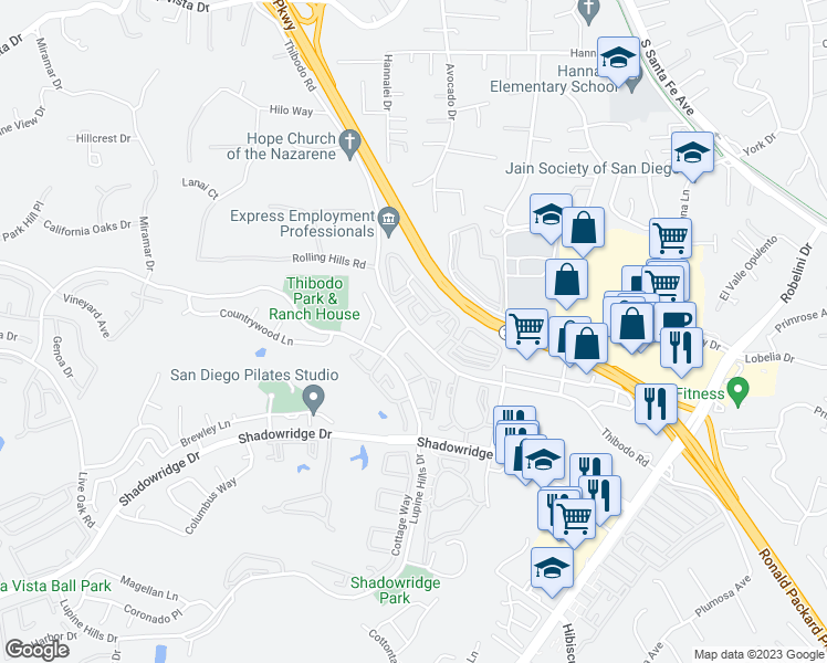 map of restaurants, bars, coffee shops, grocery stores, and more near 1850 Thibodo Road in Vista