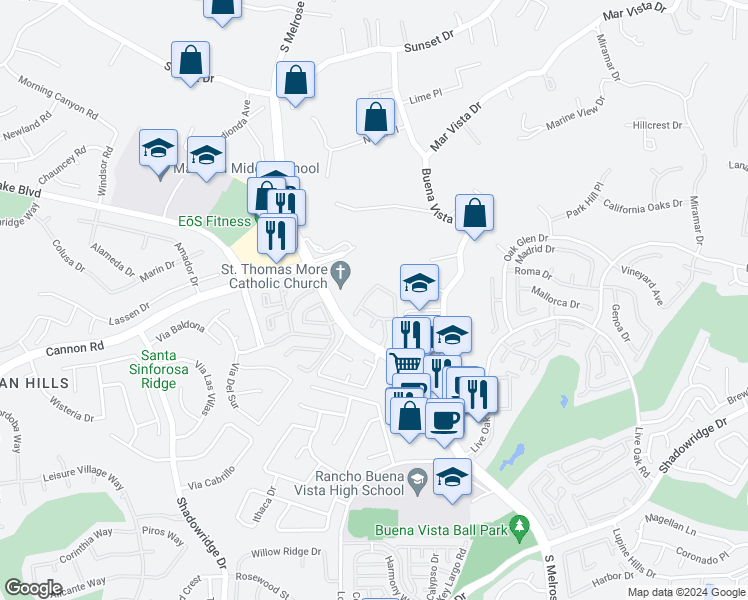 map of restaurants, bars, coffee shops, grocery stores, and more near 1510 South Melrose Drive in Vista