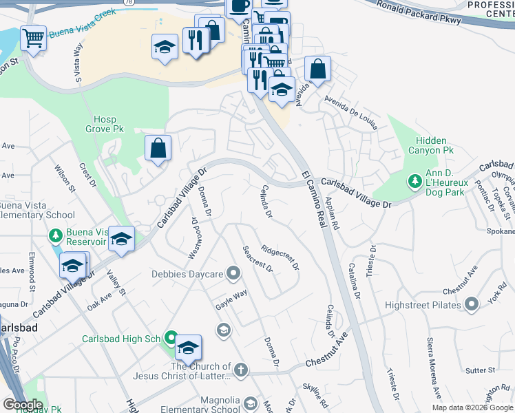map of restaurants, bars, coffee shops, grocery stores, and more near 3222 Celinda Drive in Carlsbad