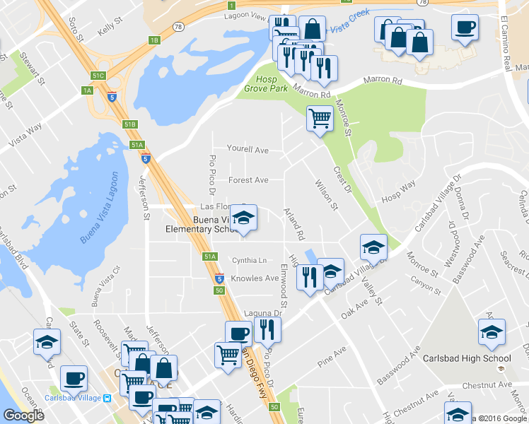 map of restaurants, bars, coffee shops, grocery stores, and more near 1390 Las Flores Drive in Carlsbad