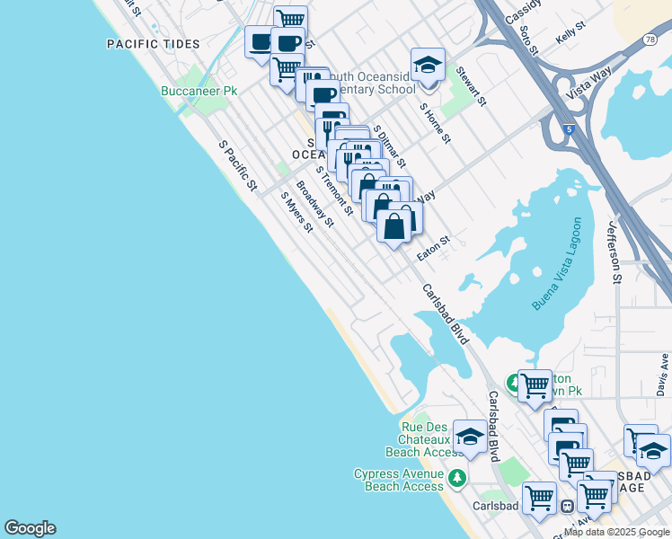 map of restaurants, bars, coffee shops, grocery stores, and more near 2010 Broadway Street in Oceanside