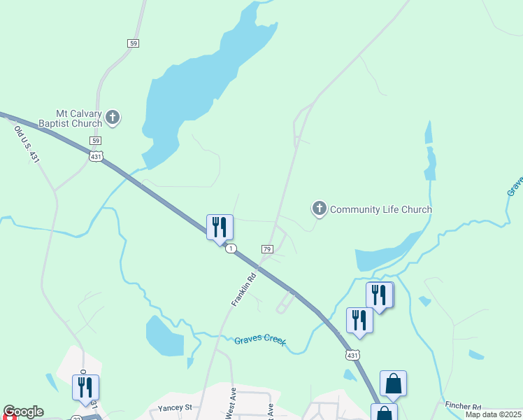 map of restaurants, bars, coffee shops, grocery stores, and more near 159 County Road 79 in Roanoke