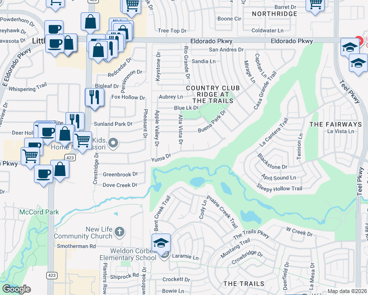 map of restaurants, bars, coffee shops, grocery stores, and more near 10986 Alta Vista Drive in Frisco
